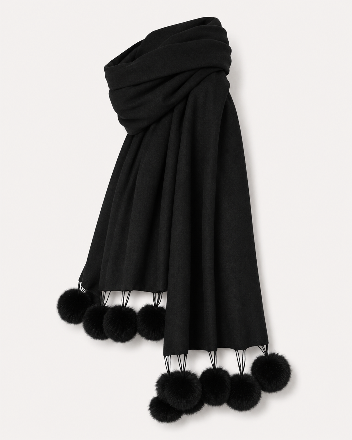 Cashmere Wrap with Fur Pompoms - Black
