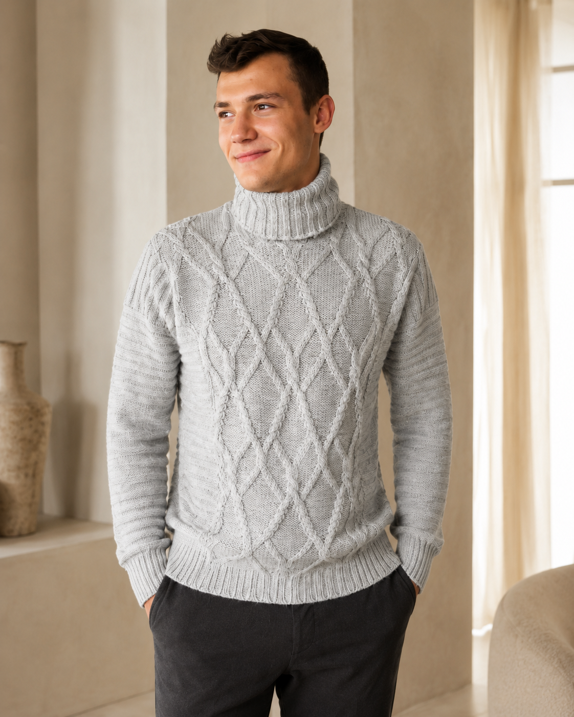 Men's Cable Turtleneck Sweater in Pure Baby Alpaca - Black