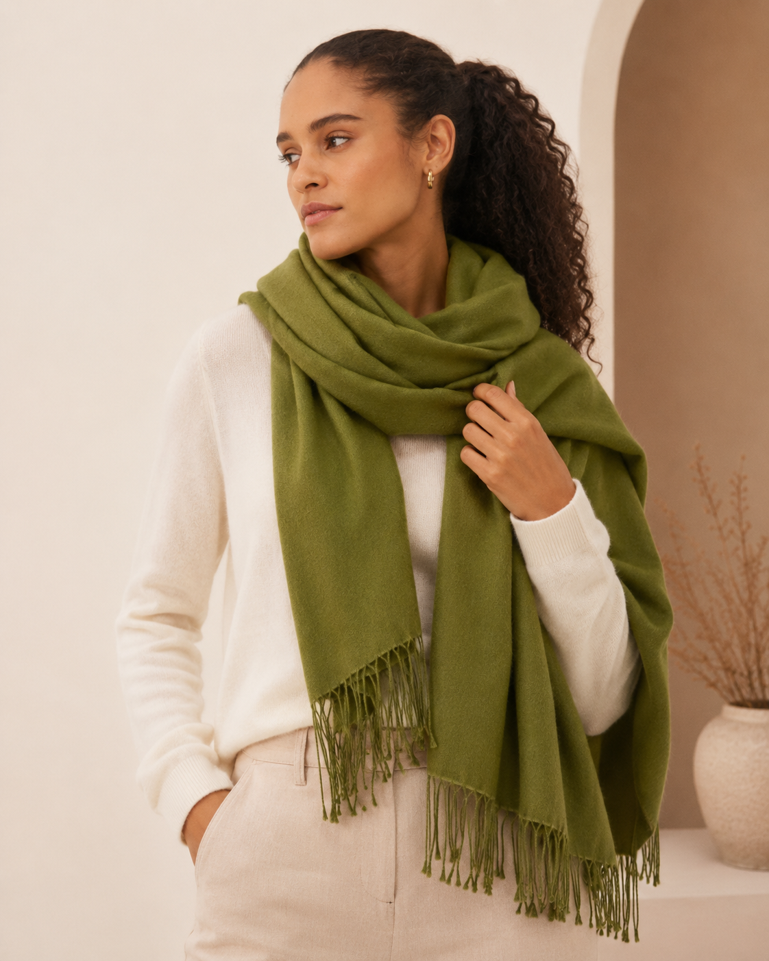 Pashmina and Silk Wrap - Green