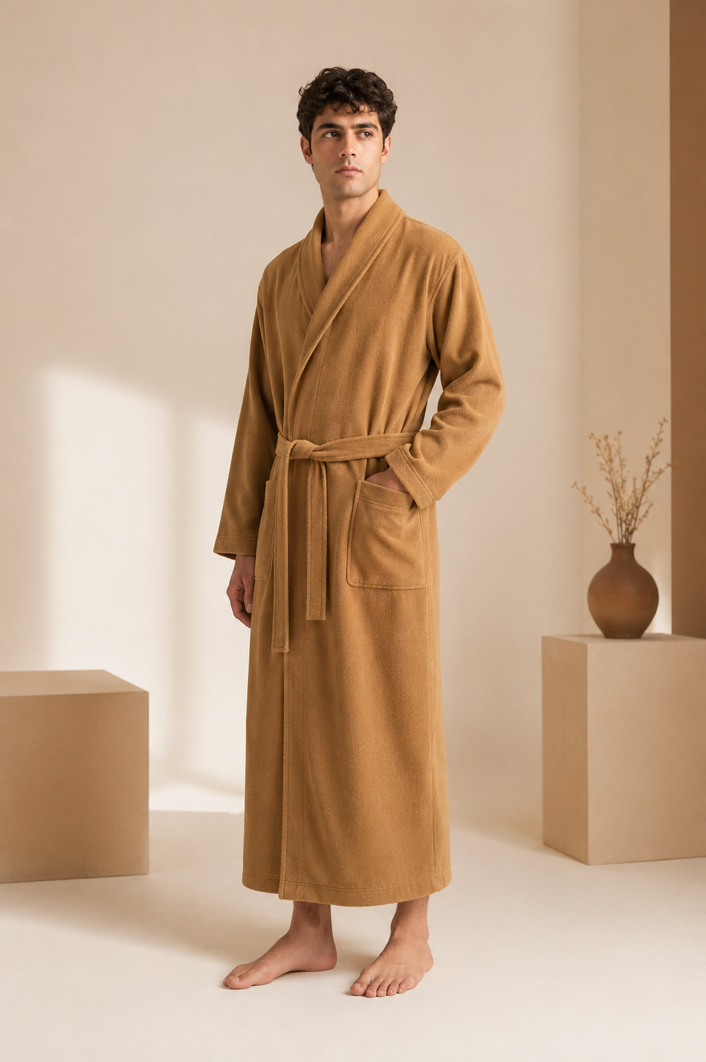 Pure Cashmere Full Length Robe for Men - Camel