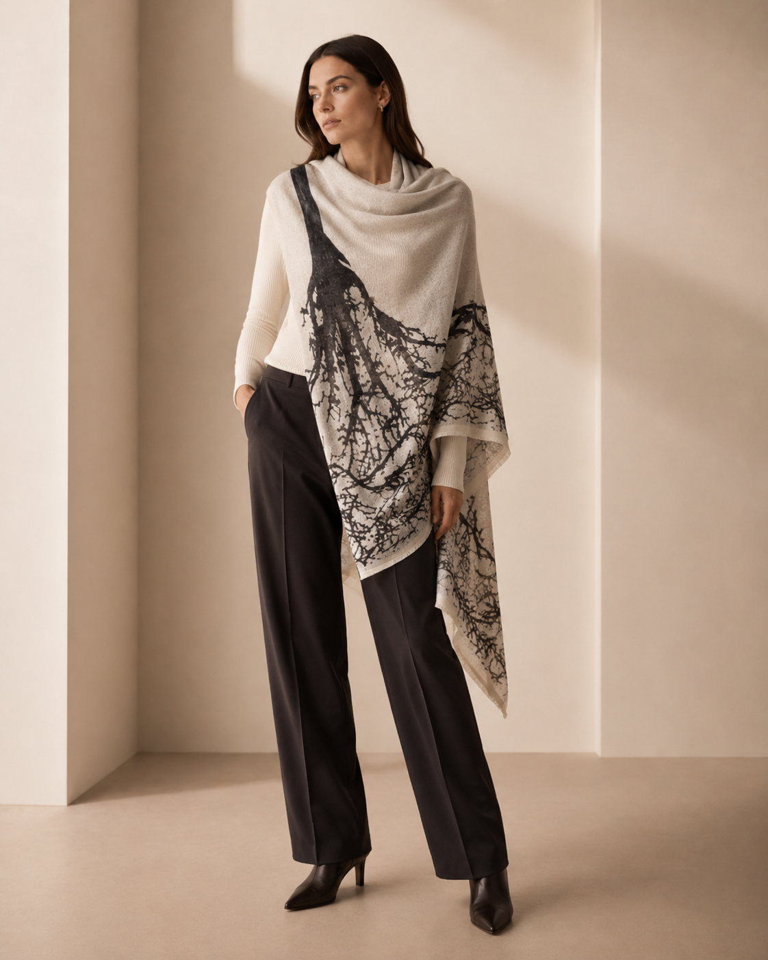 Pure Cashmere Knitted Shawl in Tree Print - Blue Topaz