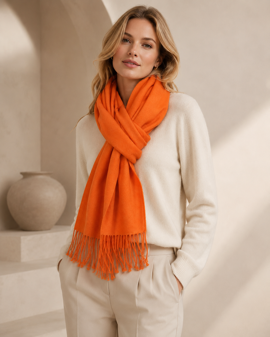 Pure Cashmere Scarf with Tassels - Orange