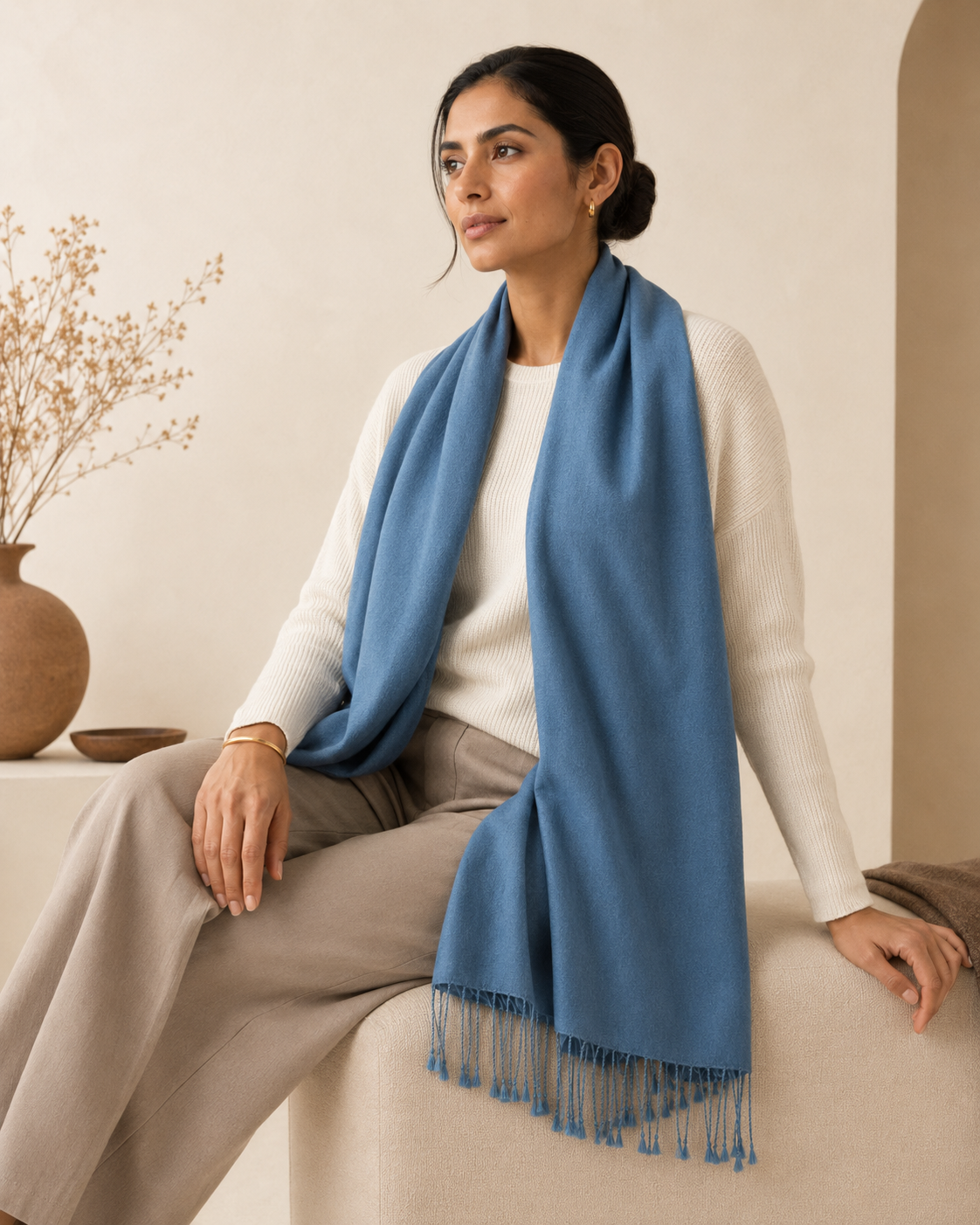 Two Tone Reversible Pashmina Wrap in Blue - Blue