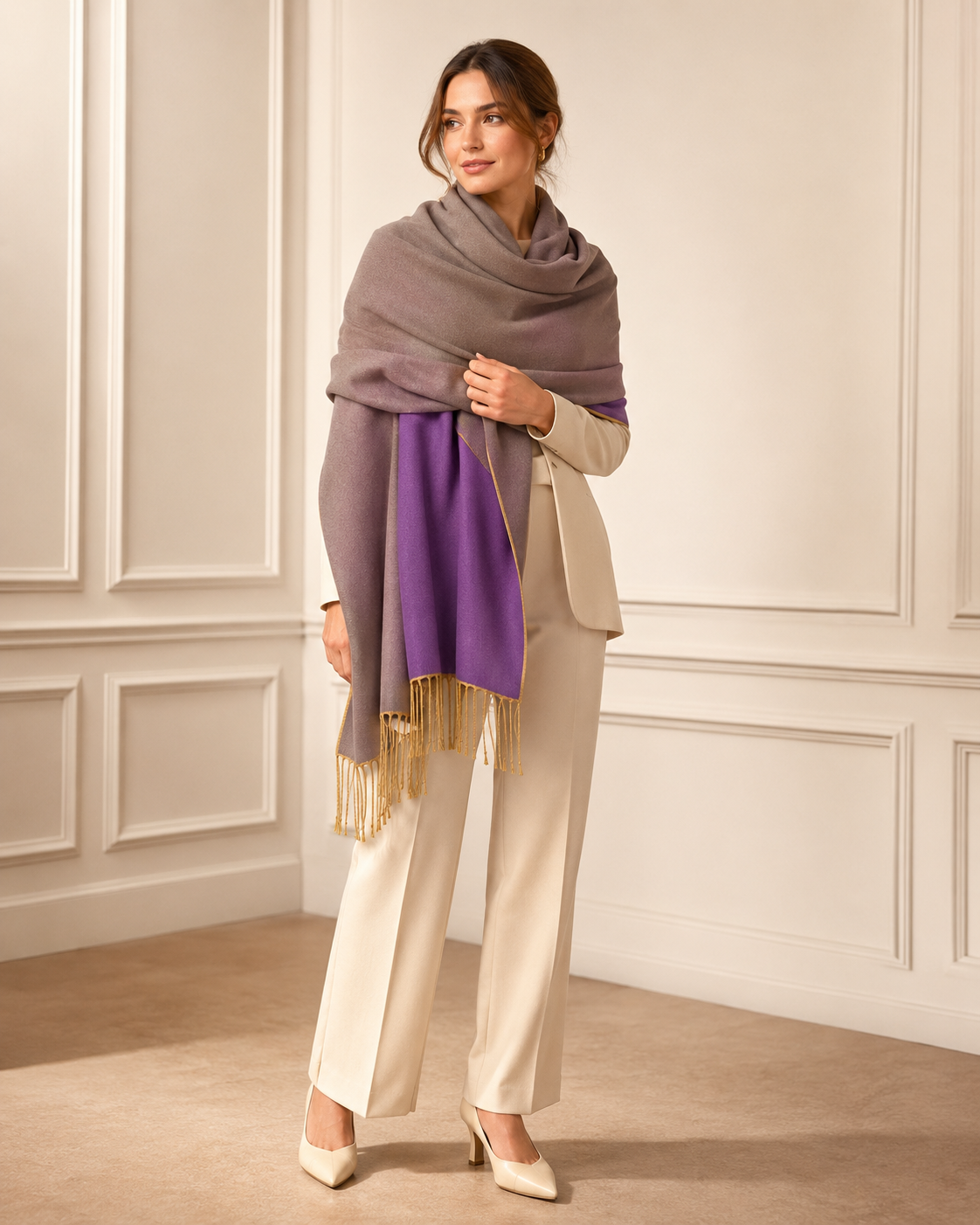 Two Tone Reversible Pashmina Wrap in Purple and Gold - Purple