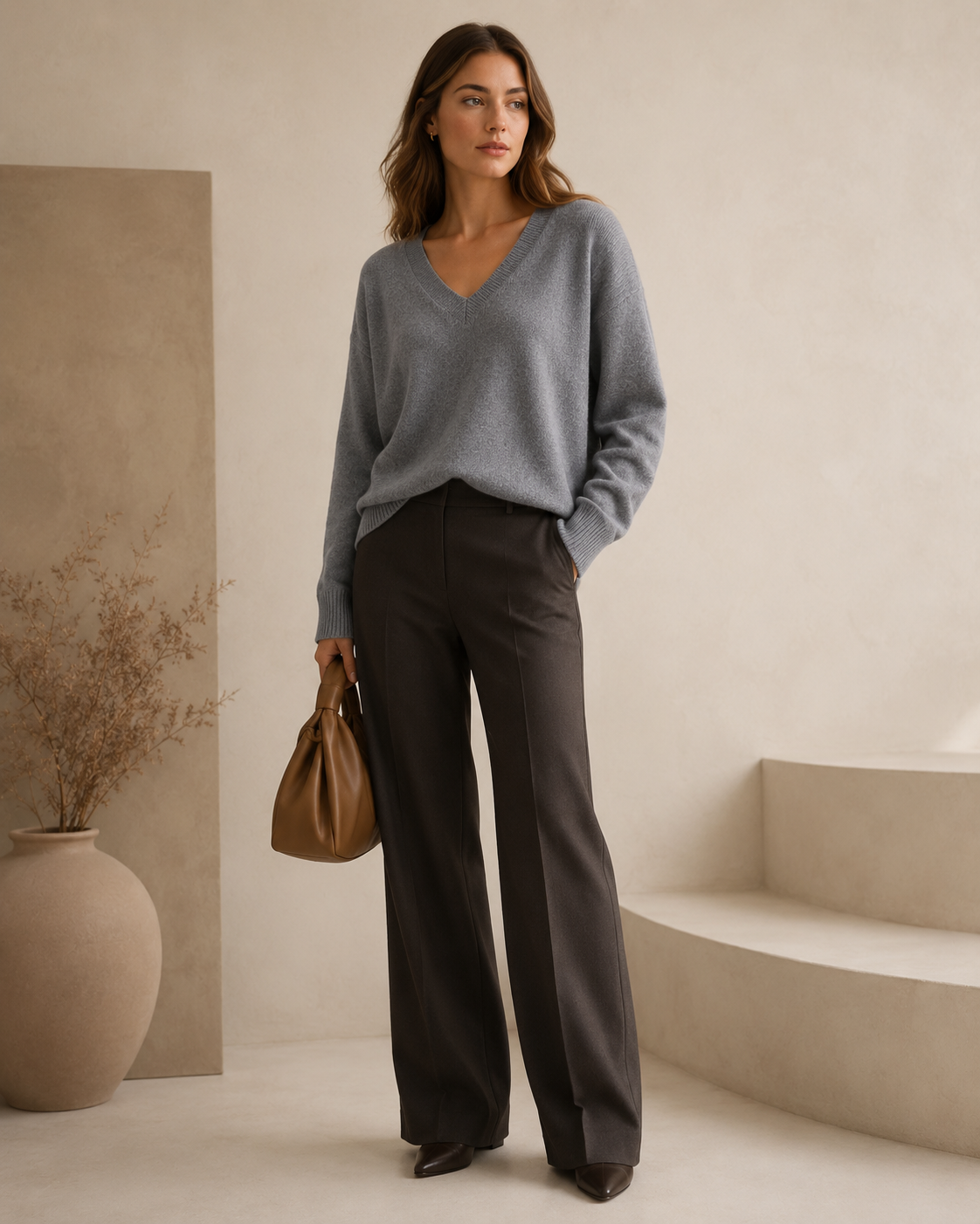 Women's Pure Cashmere V-Neck Boyfriend Sweater - Green