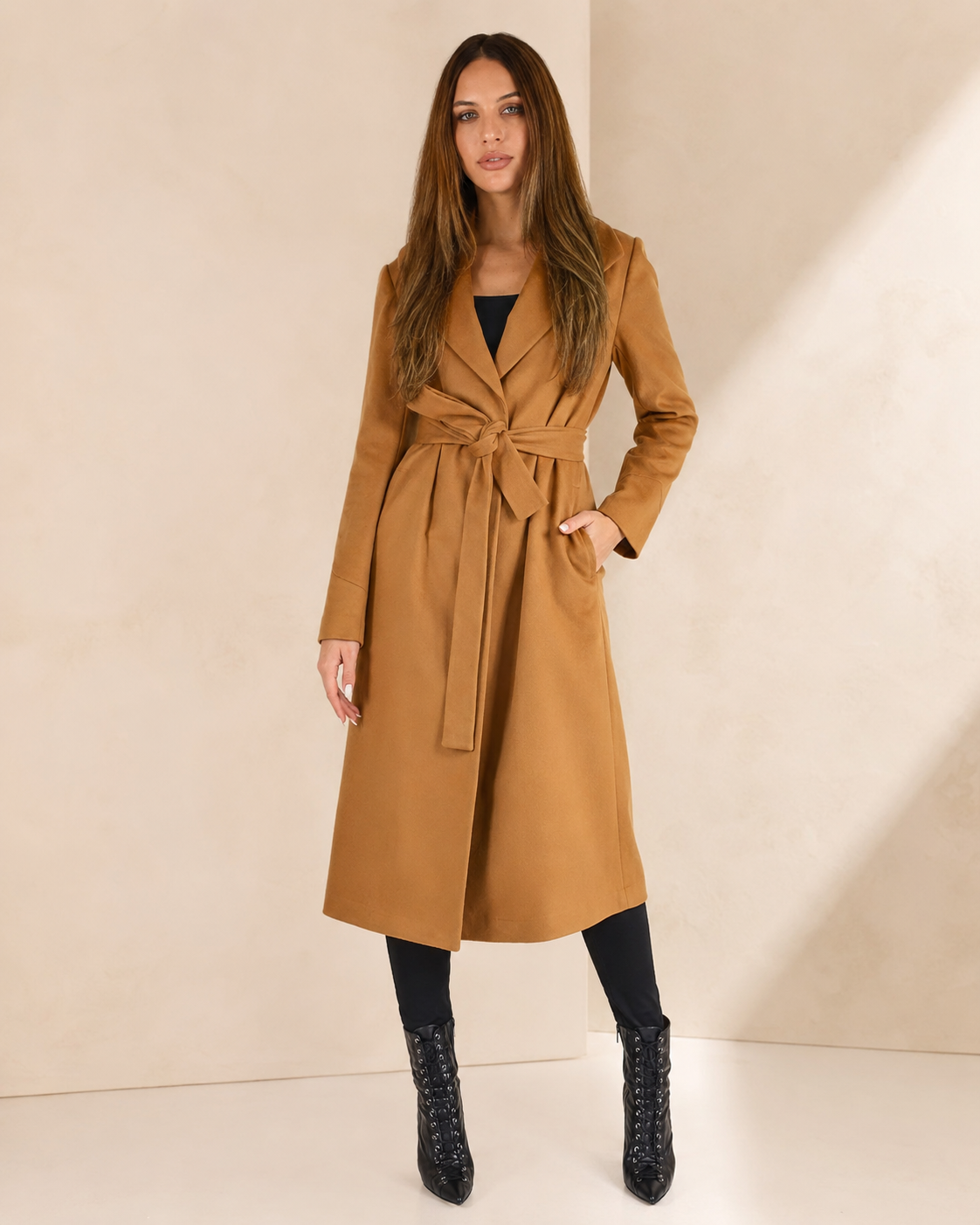 Full Length Belted Coat in Pure Cashmere - Camel