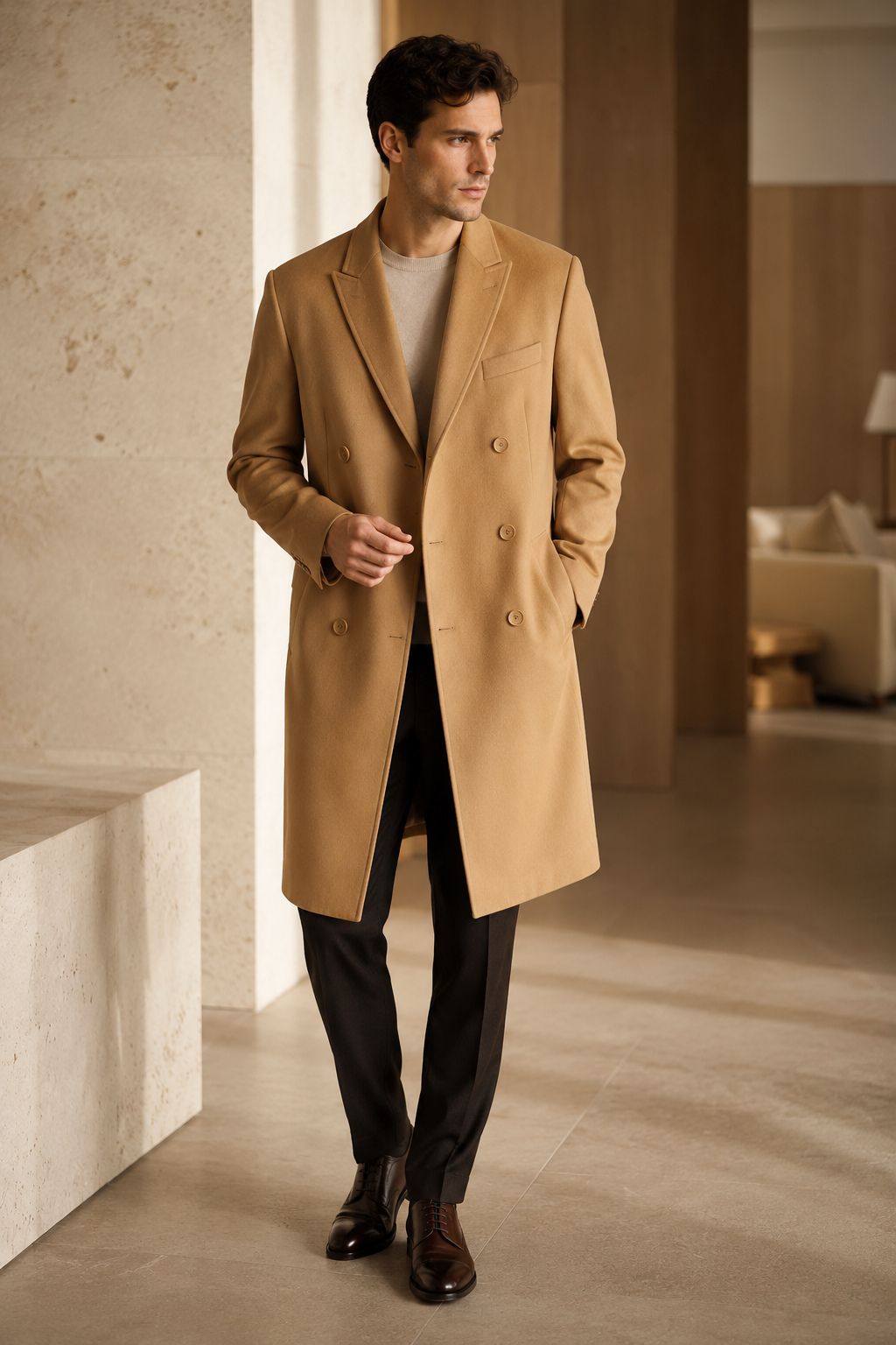 Men's Double Breasted Topcoat in Pure Cashmere - mens double breasted overcoat in pure cashmere new 01 main 03