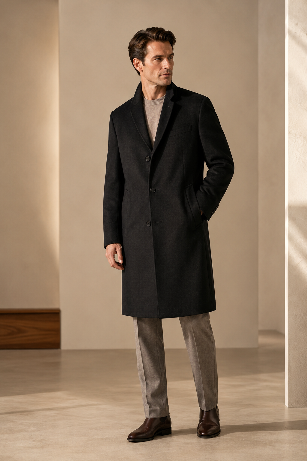 Men's Knee Length Topcoat in Pure Cashmere - mens knee length cashmere blend overcoat new 01 main 03