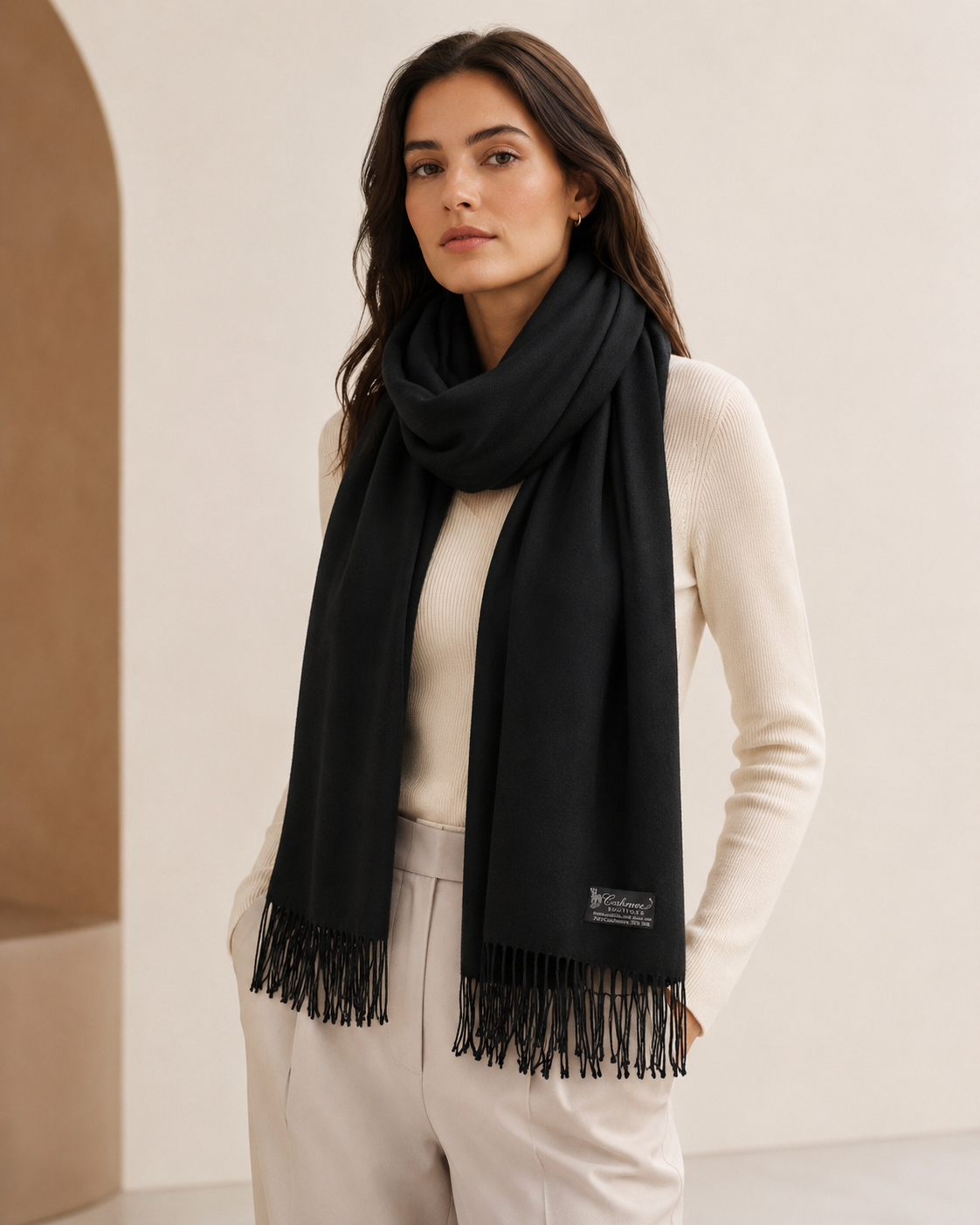 Pashmina Shawl With Beaded Tassels - Black - Black