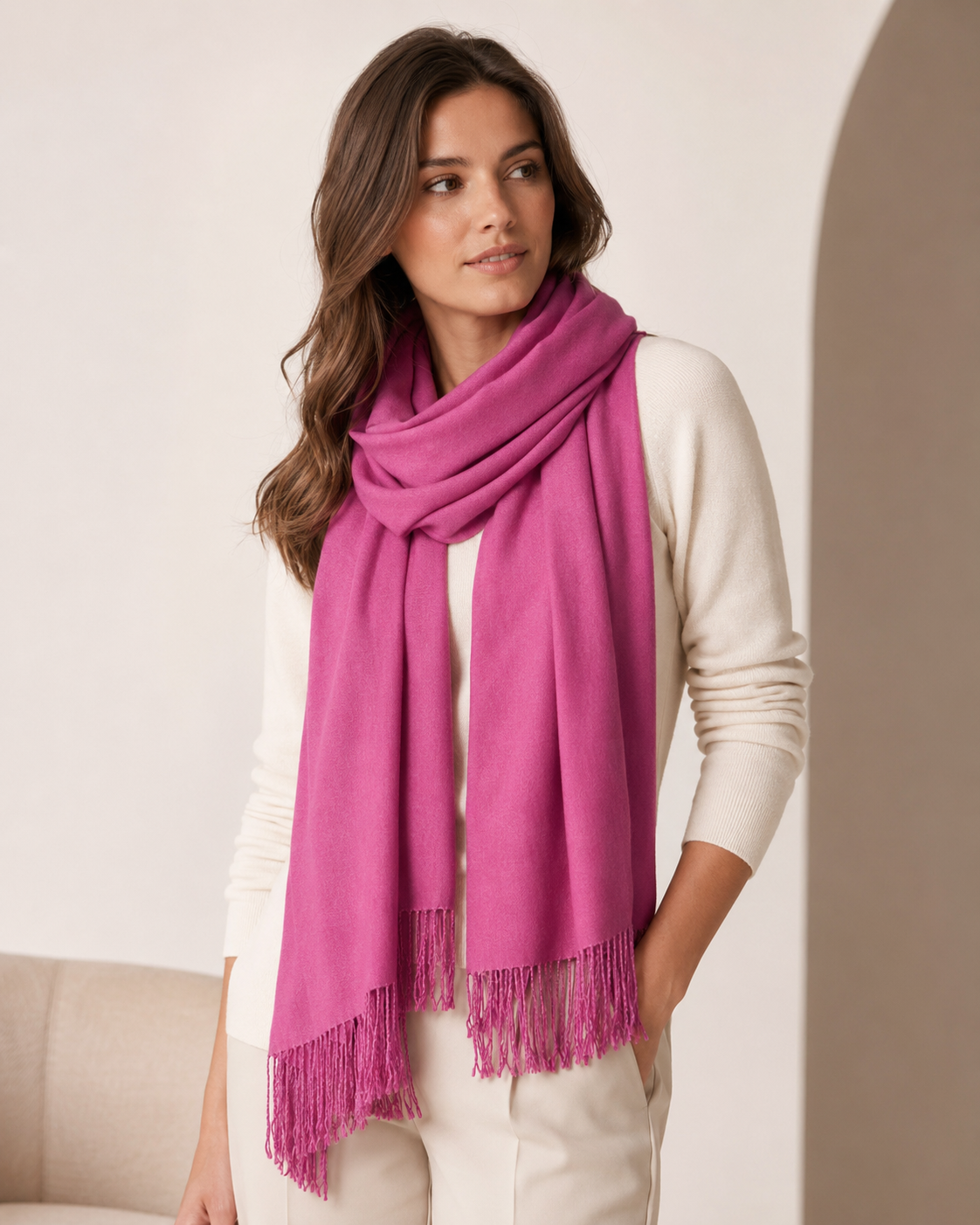 Pashmina Shawl With Beaded Tassels - Magenta Pink - Magenta Pink