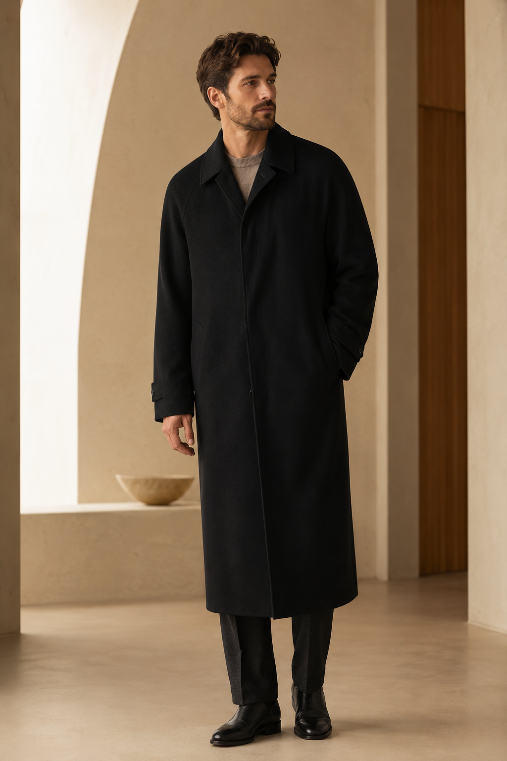 Pure Cashmere Full Length Overcoat with Raglan Sleeves for Men Black - pure cashmere full length overcoat with raglan sleeves for men black default 01