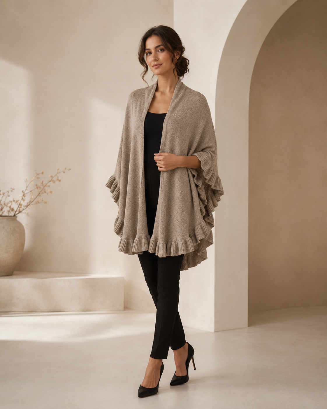 Pure Cashmere Ruffle Wrap - Camel