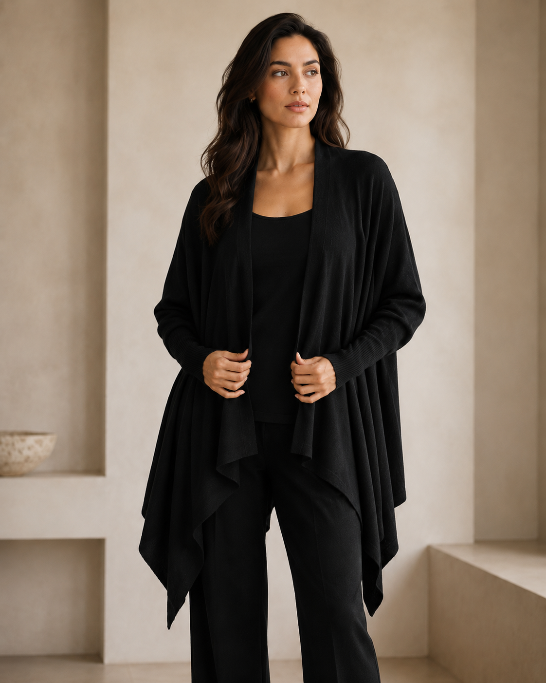 Pure Cashmere Shawl with Sleeves - Black