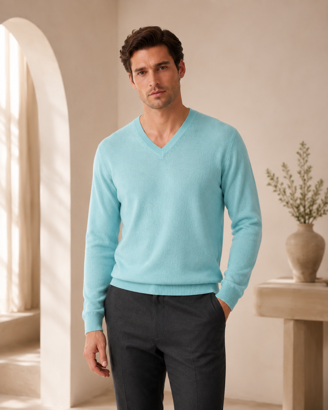 Pure Cashmere V-Neck Spring Sweater for Men - Green