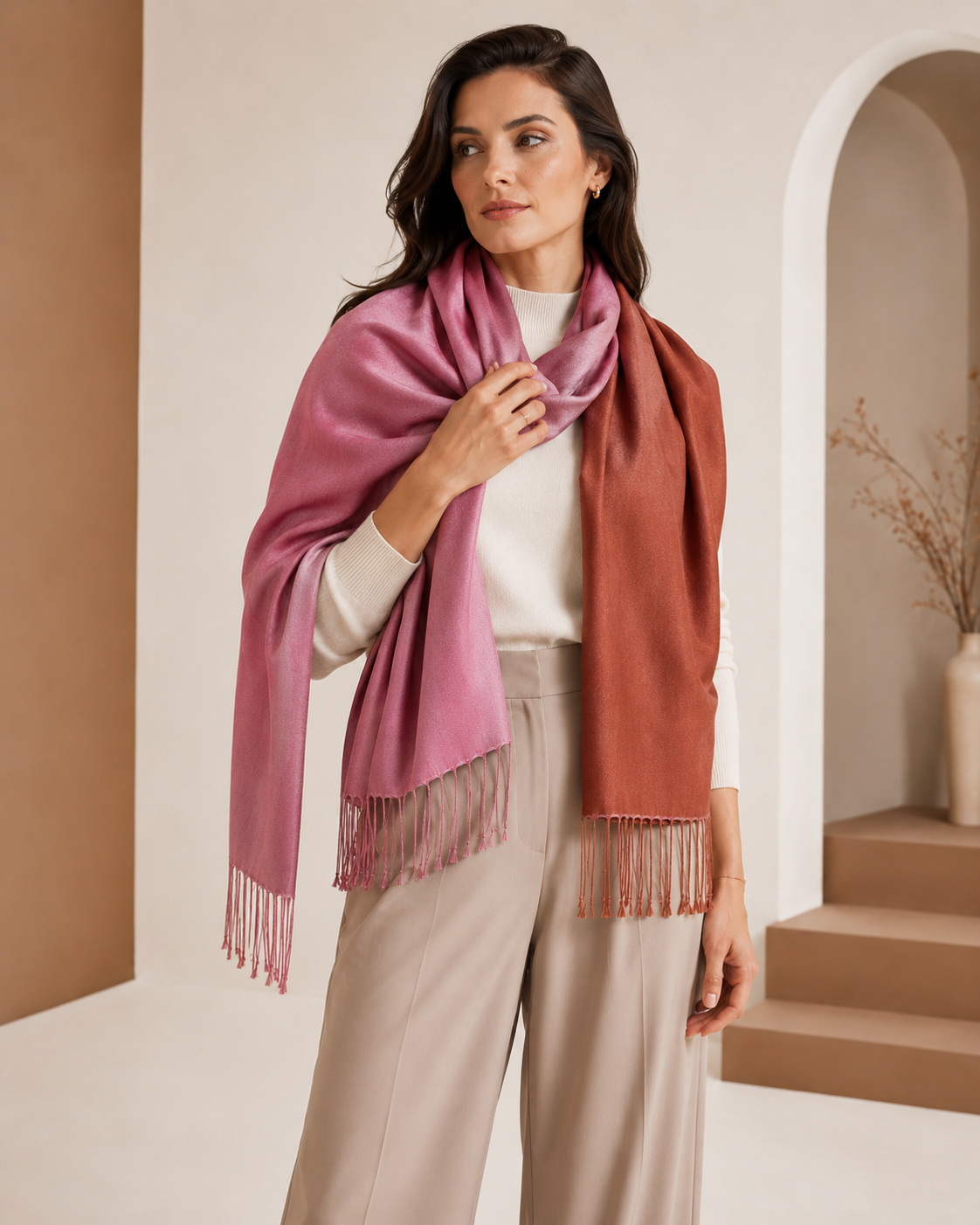 Two Tone Reversible Pashmina Wrap in Lavender and Brown - Lavender