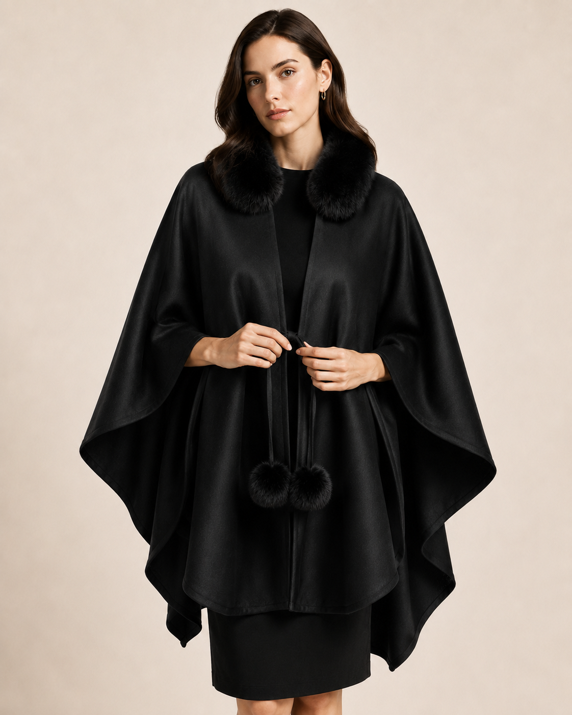 Women's Cashmere Cape with Fox Fur - Black