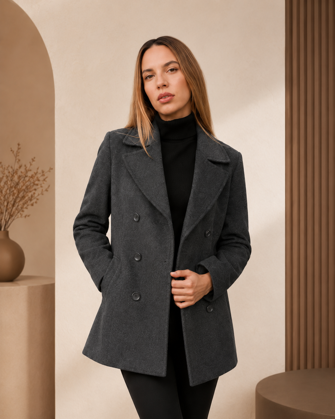 Women's Pure Cashmere Pea Coat - Charcoal